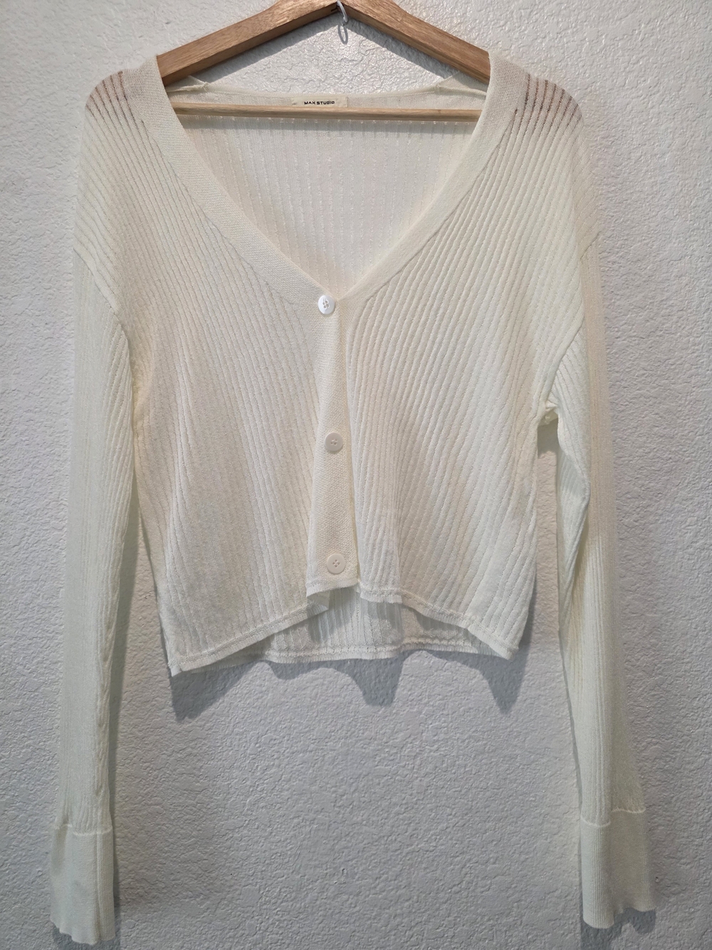 Max Studio Cream V-Neck Ribbed Button-Front Sweater